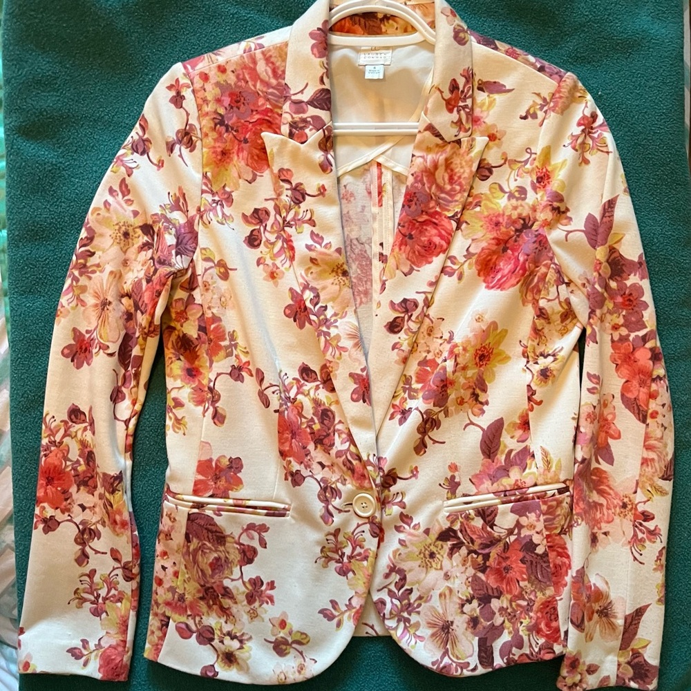 LC Lauren Conrad Cream Floral Blazer with Pink and Red Blooms